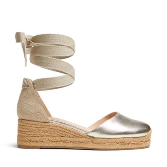 NWT Leather Jack Rogers Palmer Ankle Wrap Espadrille Wedge in Platinum/Champagne - Picture 2 of 2